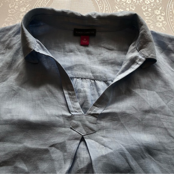 Vince Camuto Women’s Blue Linen Shirt Size XS Long Sleeves V-Neck Collared - Picture 14 of 16